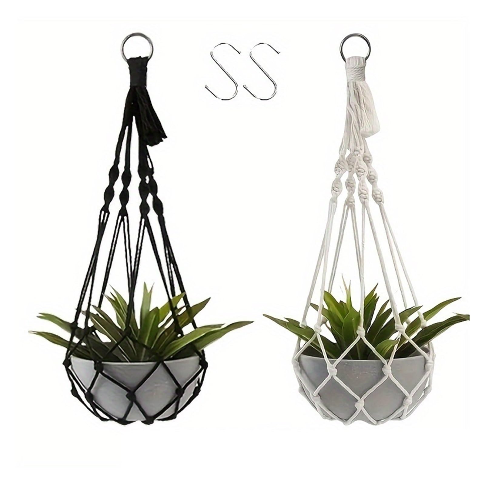 Appendini per Piante Macramè 2 ganci for piante, supporto in macramè con gancio for decorazioni da giardino for interni ed esterni(2pcs white and black)