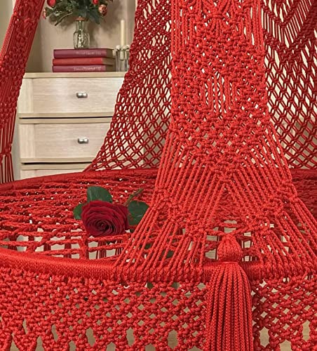 Image of KAAHIRA Bohemian Macrame Hanging Swing Chair- Aesthetic Cotton Rope Hammock for Indoor & Outdoor - Patio, Balcony, Bedroom, Living Room, Garden-Kids, Adults & Pets - Boho Decor (Red)