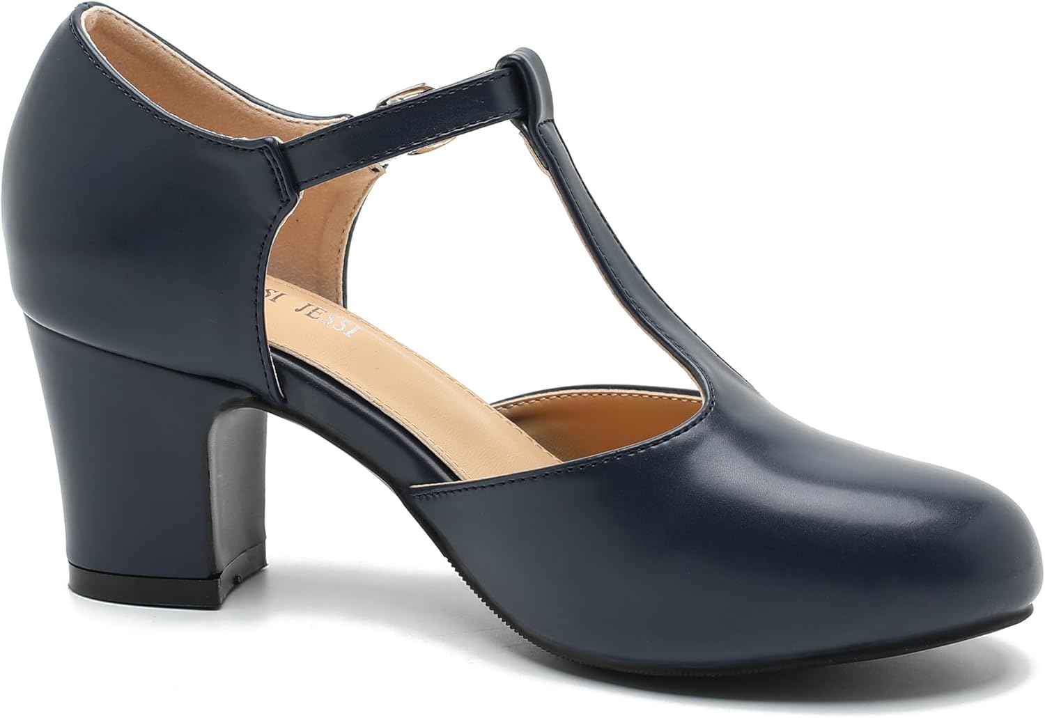 MAIERNISI JESSI Women's T-Strap Mary Jane Pumps, 2.56 Inch Block Heel, Round Toe, Buckle Closure