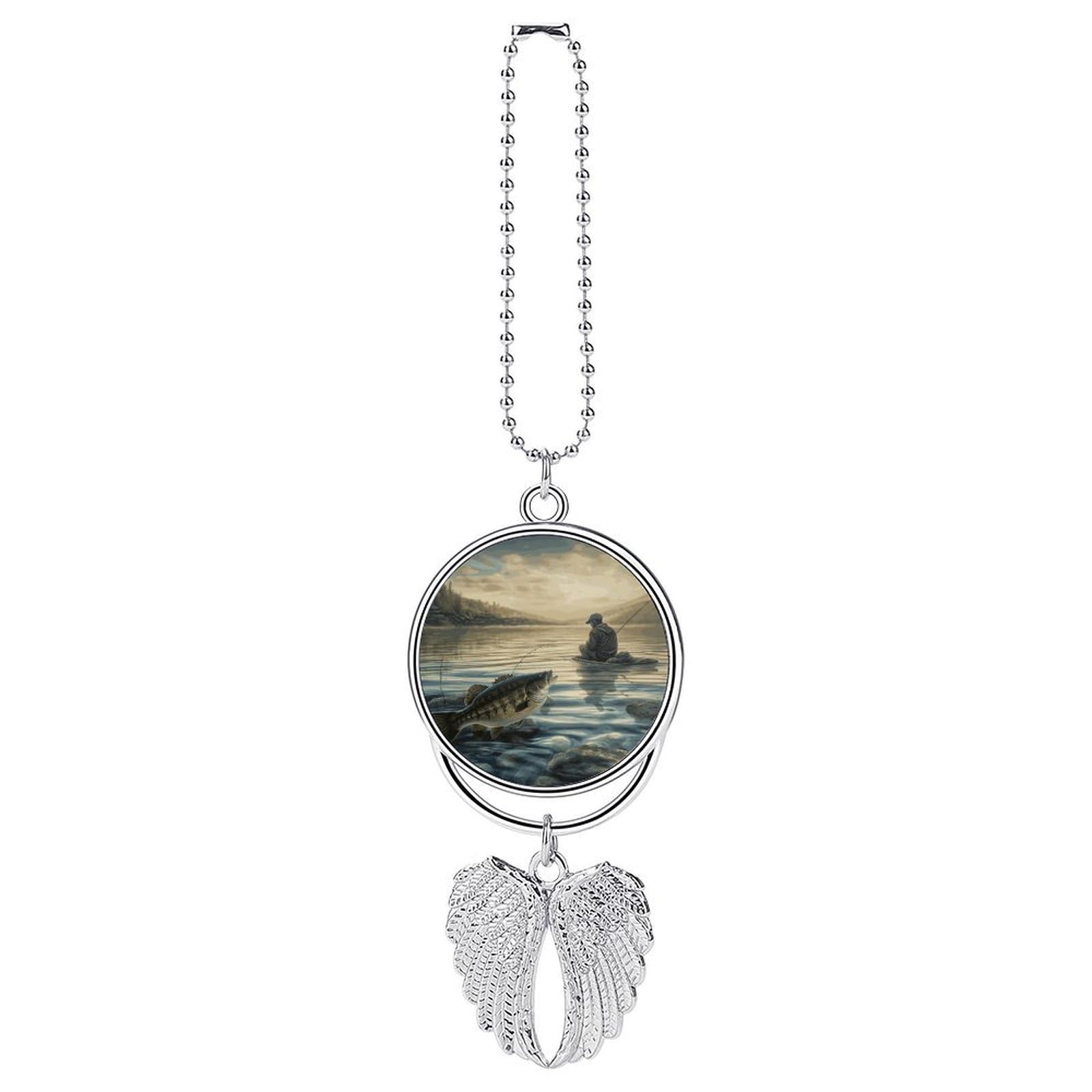 Lake Fish Fishing Car Charm, Alloy Rear View Mirror Pendant, Bling Funny Car Hanging Ornament Gift for Women Men, Car Pendant Lucky Auto Interior Decoration Accessories Silver-Style
