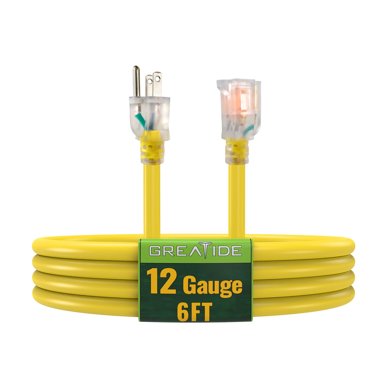 6 Ft Lighted Outdoor Extension Cord - 12/3 SJTW Heavy Duty Extension Cable with 3 Prong Grounded Plug - 15 Amp Power Cord for Lawn, Garden, Appliances