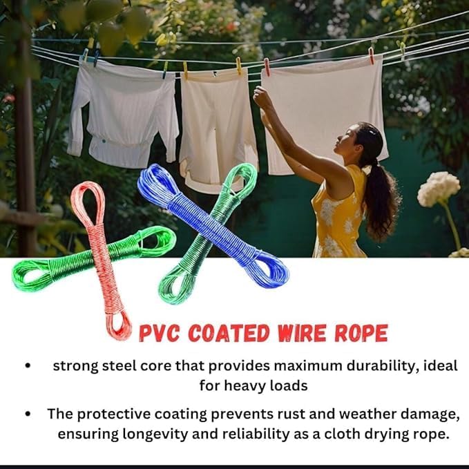 Image of PVC Coated Steel Core Clothesline 20 Meter | Heavy Duty Anti-Rust Wire Rope for Drying Clothes | Weatherproof Tangle-Free PVC Laundry Line for Indoor Outdoor Use (20 Meter Clothesline)