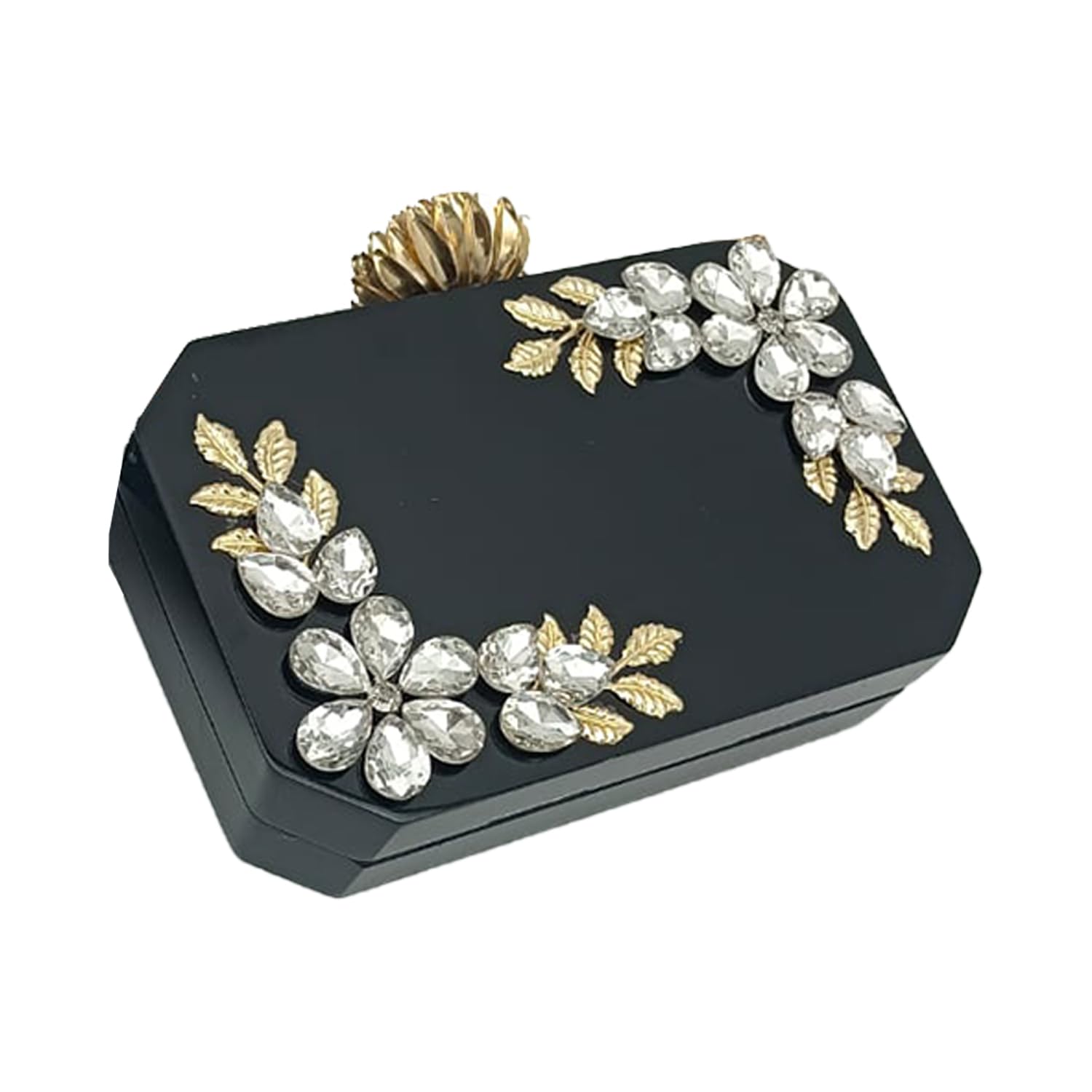 Luxury Black Resin Clutch Crytal leaf Design for bridal | wedding | parties with sling chain and Stylish Flower Buckle Charm Resin Clutch For Women's & Girls resin clutch women bag ledies bag-image-22