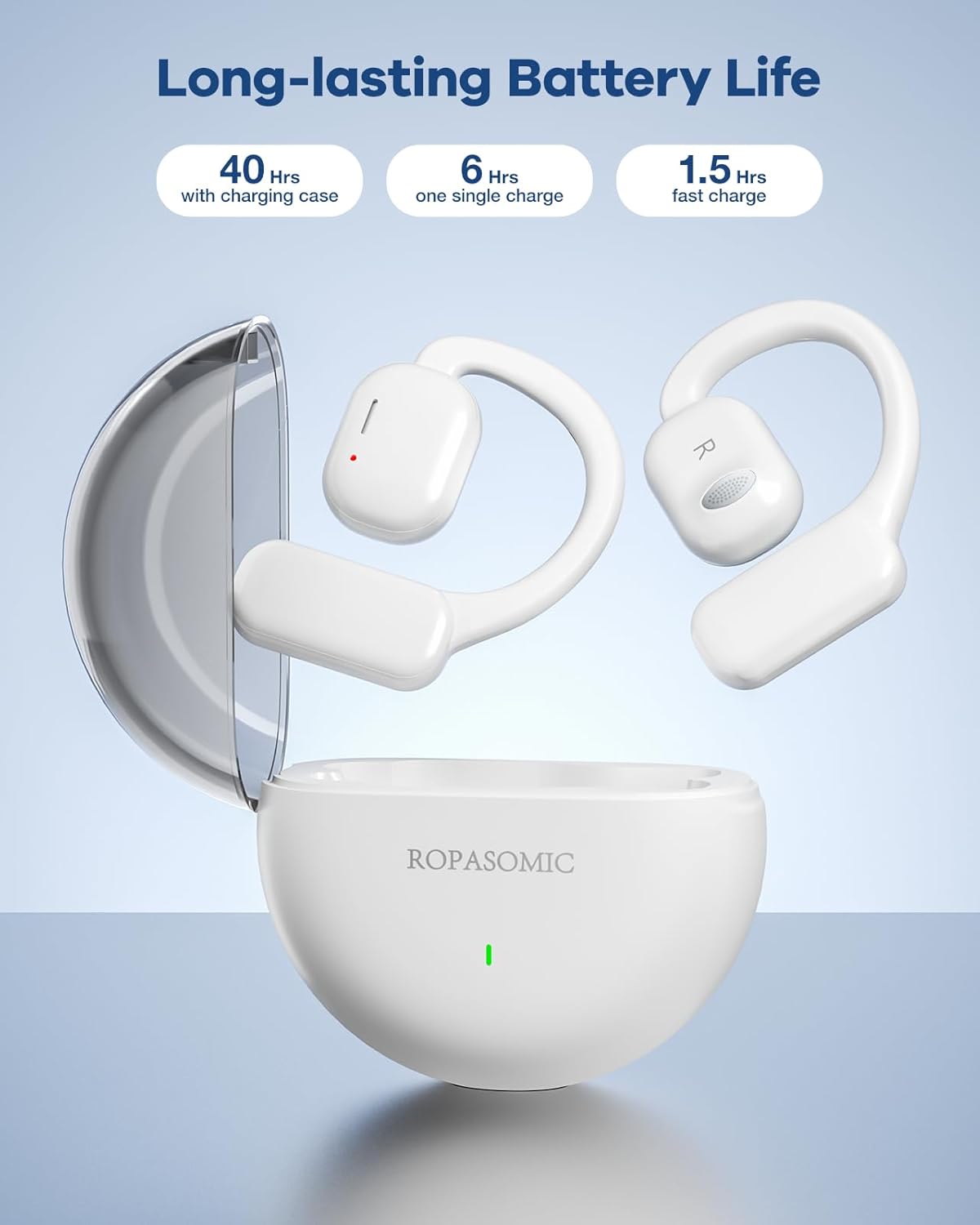 Open Ear Headphones Wireless Earbuds with Earhooks, 40Hrs Playtime Bluetooth 5.3 Touch Control Sport Headsets IPX6 Sweatproof Earphones for Running Cycling Workout (White) - Image 5