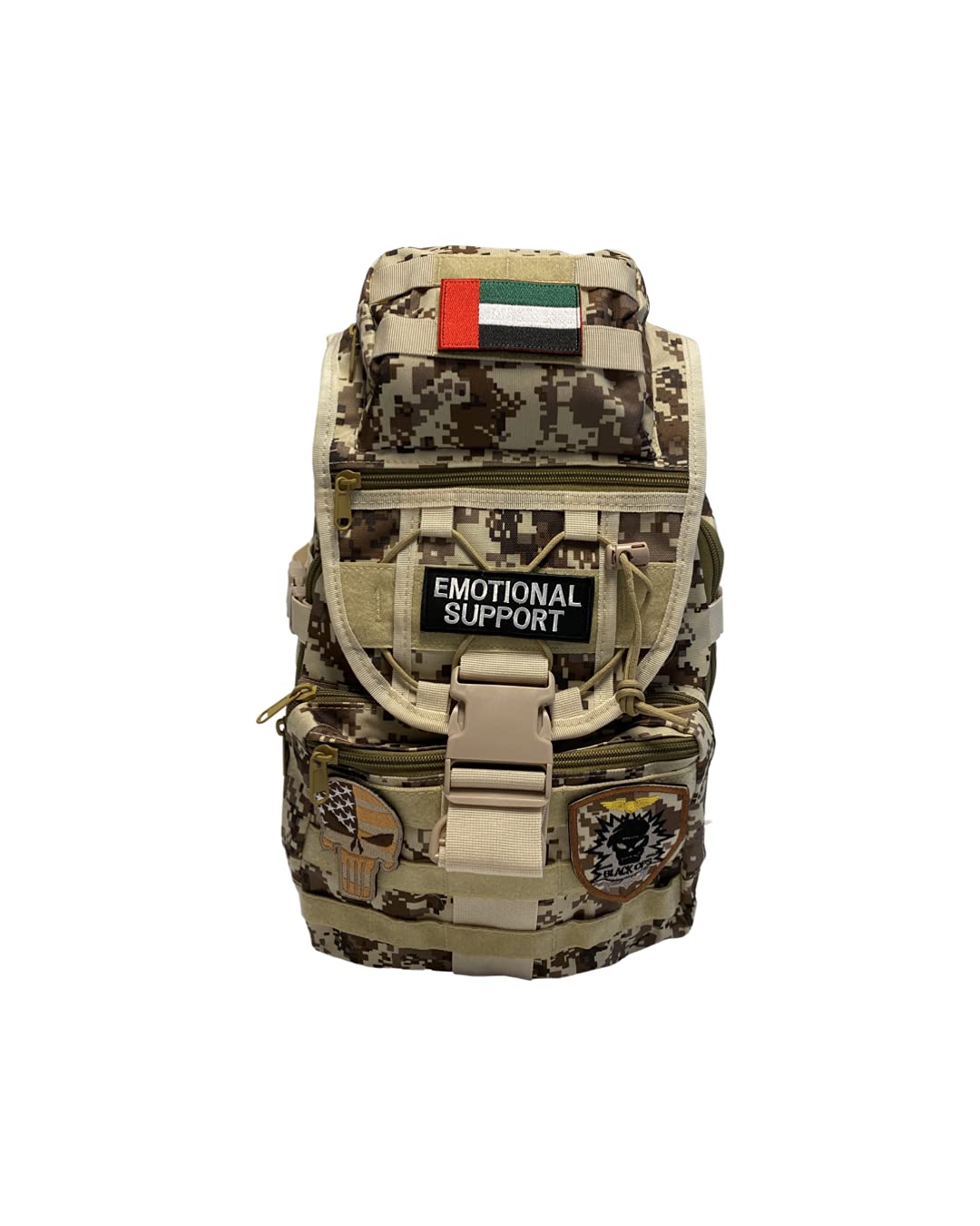 Generic40L Mix of Brown Camouflage Military Backpack With UAE Flag Patch, Emotional Support Patch, Skull Patch, and Black Ops Patch (4 Patches included)
