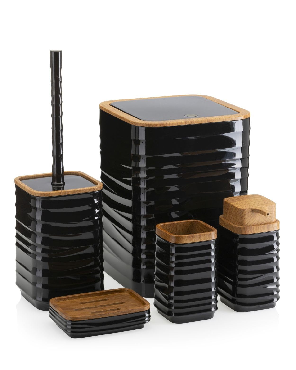 HowHomely Toilet Brush Set Black Bathroom Bin Soap Dispenser Soap Dish Black Brown Bathroom Waste Bin and Toilet Brush and Toothbrush Cup Soap Dish Black Elegant Bathroom Accessories