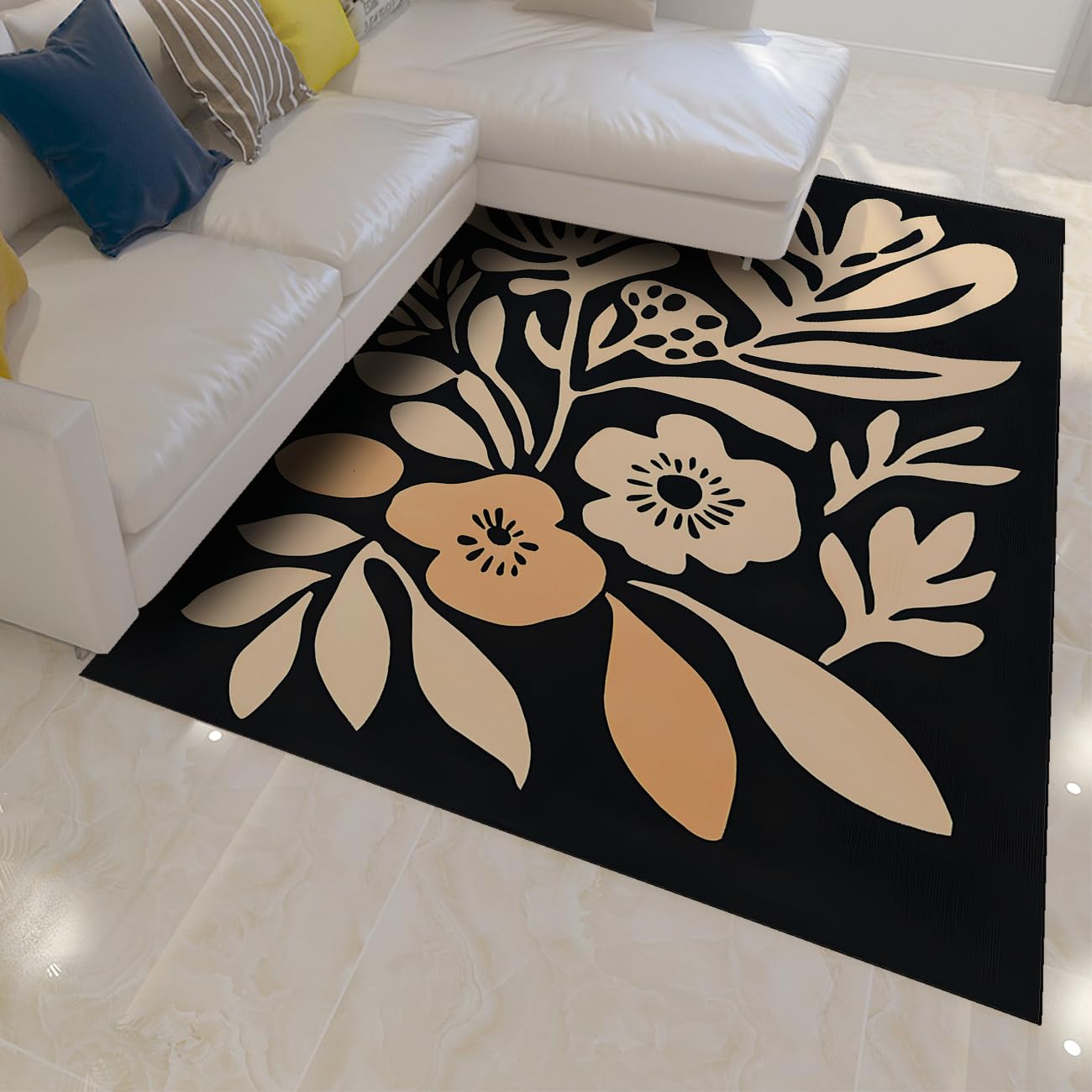 Boho Black Area Teppiche für Wohnzimmer Schlafzimmer Waschbarer großer Esszimmerteppich Rutschfester Abstrakter geometrischer Blumenteppich für Bürospielzimmer 160x230cm