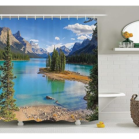 Nyngei Lake House Decor Collection Maligne Lake in Jasper Natioanal Park Alberta Canada Summer Day Outdoor Picture Polyester Fabric Bathroom Shower Curtain 180CM Long Green Blue Cover