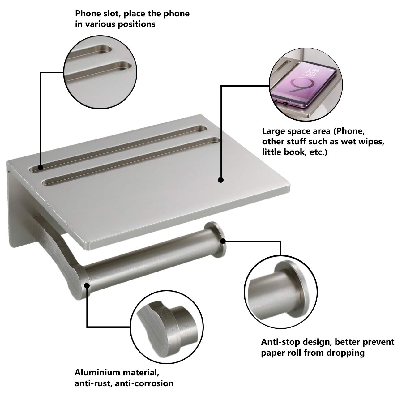 Soporte para Papel higiénico con Estante, Soporte de Papel higiénico de Aluminio con Estante de Almacenamiento para teléfono móvil para baño Moderno, Autoadhesivo 3M, sin taladrar o montado en la