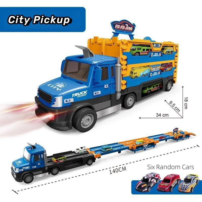 Image of Happy Hues Big Hauler Storage & Deform Truck Toy with 55 inch 2 Ejection Race Track & 6 Cars- Catapult Truck with LED Light & Music for Kids (Blue & Yellow)
