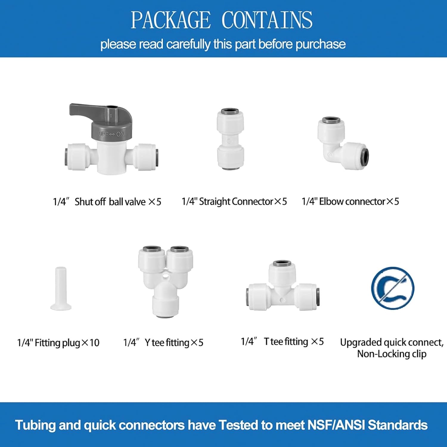 1/4 Inch O.D.Quick Connect Fittings,Food Grade 1/4" Push to Connect Fittings,1/4 Water Tubing Line Fittings for RO(Reverse Osmosis) Systems(Ball Valve+T and Y Tee++L and 1 Union + Plug,35 Pcs)