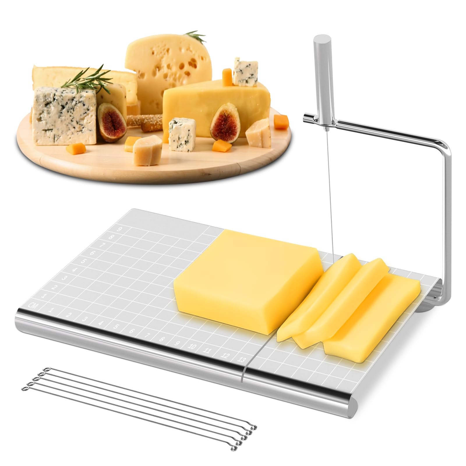 FLECPSNRG Stainless Steel Cheese Slicer with 5 Replacement Wires?with Measuring Grids?For Block Cheese, Butter, Sausages, Fruits Kitchen Gadget Cheese Cutting Board