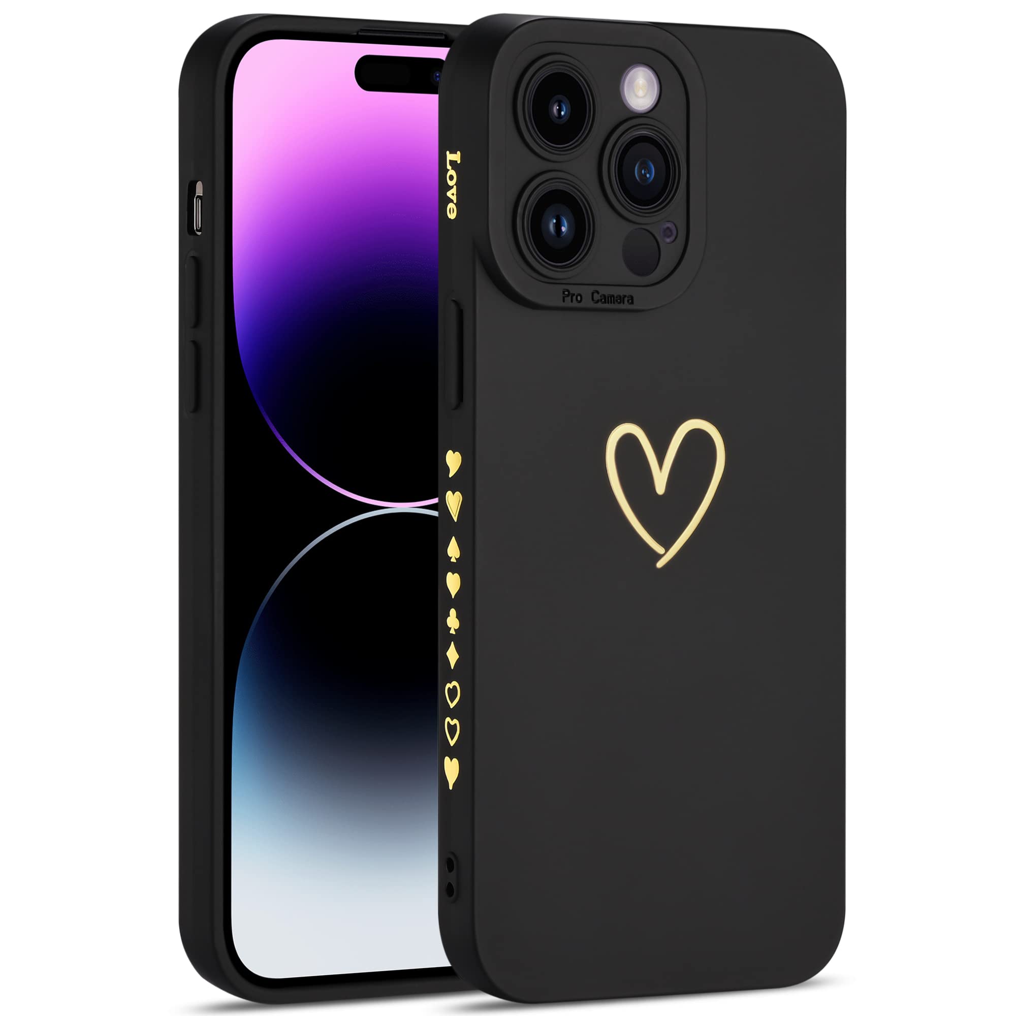MANLENO Compatible with iPhone 14 Pro Max Case for Women with Camera Protection, Luxury Soft Silicone Heart Design Cute Phone Case Shockproof Protective Case for iPhone 14 Pro Max 6.7" (Black)