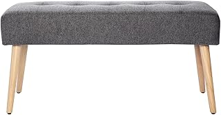 Miliboo - Banco escandinavo acolchado de tela, efecto terciopelo texturizado gris oscuro y madera clara, 96 cm, GUESTA