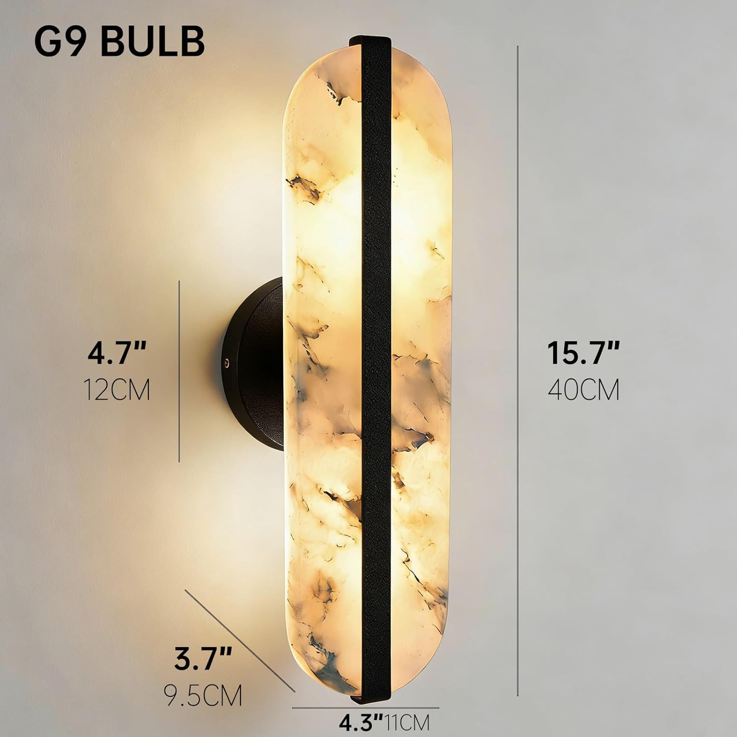 15.7" Natural Alabaster Wall Sconces Marble Wall Sconces Black Bathroom Vanity Wall Light Fixtures Modern Oval Stone Wall Lamp for Bedroom Living Room Hallway Restaurant