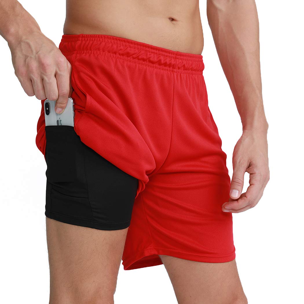 Mens Running Gym 2 in 1 Sports Quick Drying Breathable Shorts Outdoor Training 7" Shorts with Phone Pocket