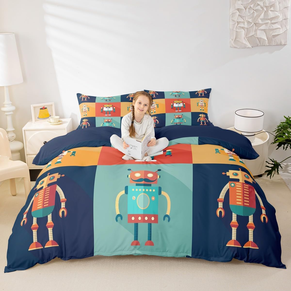 Erosebridal Robot Comforter Cover Twin,Space Robot Decor Bedding Set for Boys Kids Bedroom,Patchwork Transformer Futuristic Machine Duvet Cover Colorful Cartoon Retro Quilt Cover 1 Pillow Case