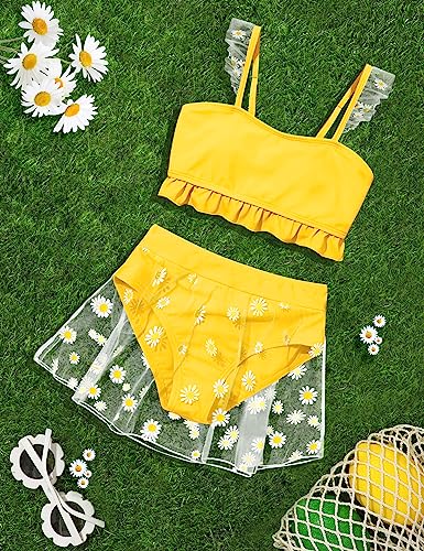 Girls Bathing Suits Size 8-10 Girls Swimsuit Size 8 Girls 2 Piece Swimsuit Girls Bikini Daisy Print Ruffle Trim Yellow #TOP3