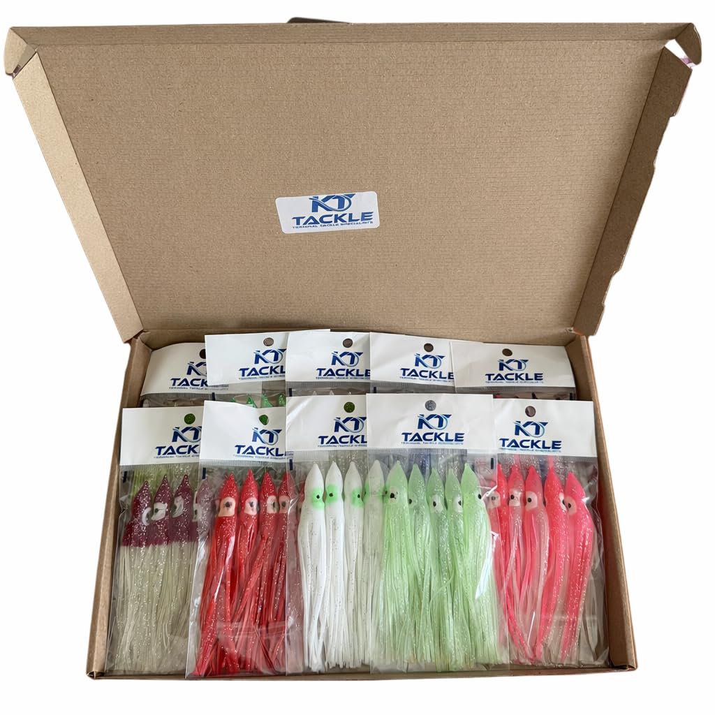 KT Tackle 50 individual sea fishing lures, muppets, 12cm skirts, glow in the dark, luminous. 10 styles. Two options avaliable. (Option A)