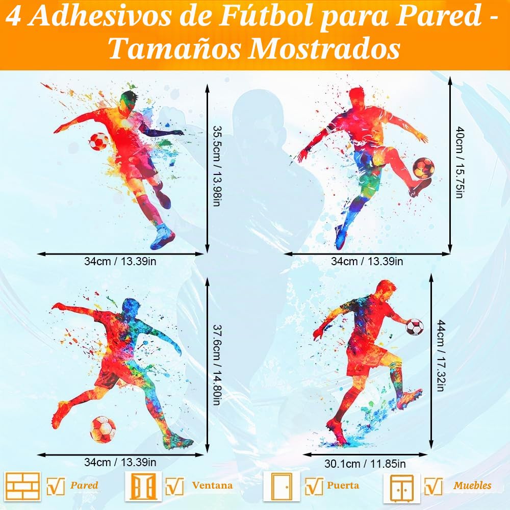 Pegatinas de pared de fútbol, 4 Juegos de Pegatinas de Fútbol Calcomanías Patada de Jugador de fútbol, Calcomanías Artísticas de Acuarela para Dormitorio Infantil Sala de Estar Decoración