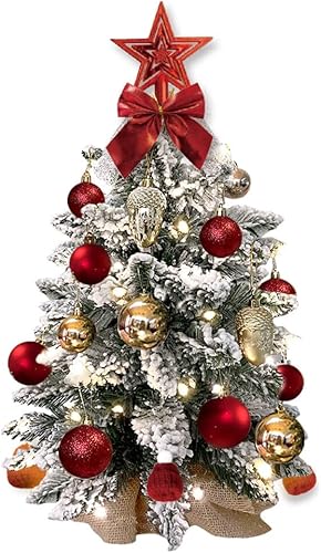 Miniatura 7 de Árbol de Navidad pequeño con luz para mesa, mini árbol de Navidad de mesa con decoración, árbol de Navidad artificial flocado preiluminado de 2 pies