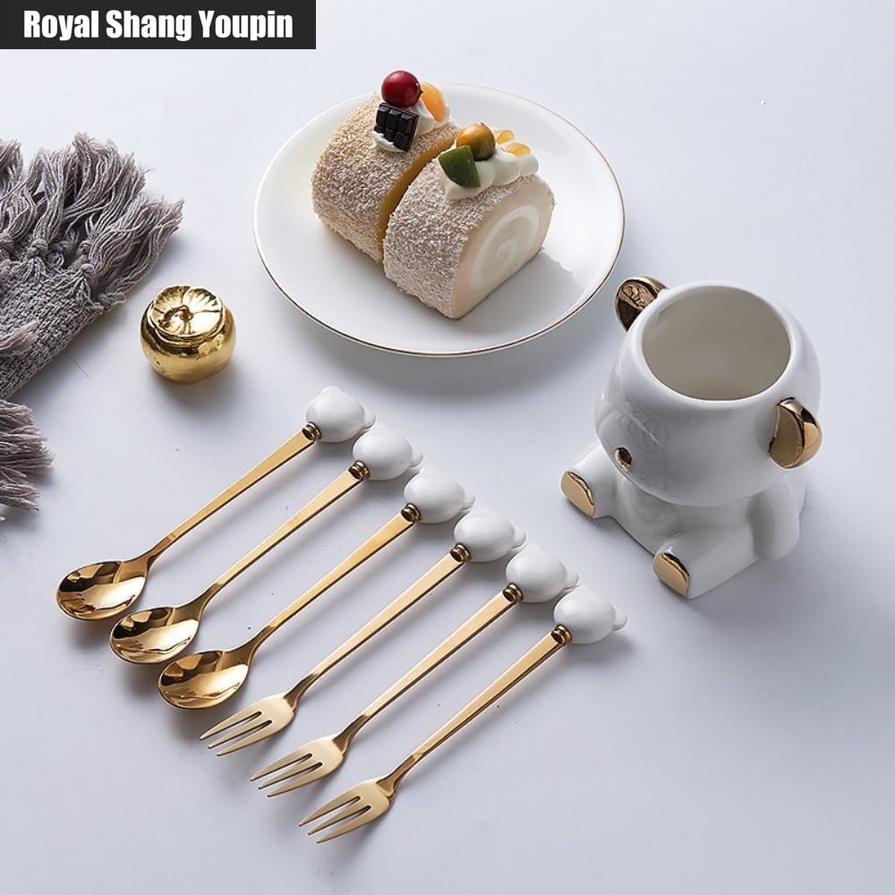 Juego De 12 Piezas De Cubiertos De Acero Inoxidable De Dibujos Animados, Cuchara, Tenedor, 14,5 Cm/5,7 Pulgadas, Cuchara De Postre, Tenedor (Negro/Dorado,Con almacenamiento)