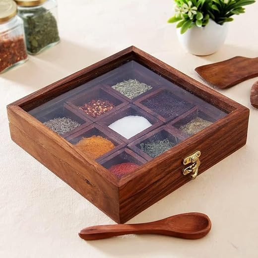 KARAFT WILA Spice Box With 1 Spoon - Sheesham Wood Masala Dabba Organizer for Kitchen - 9 Containers - Decorative Handmad...