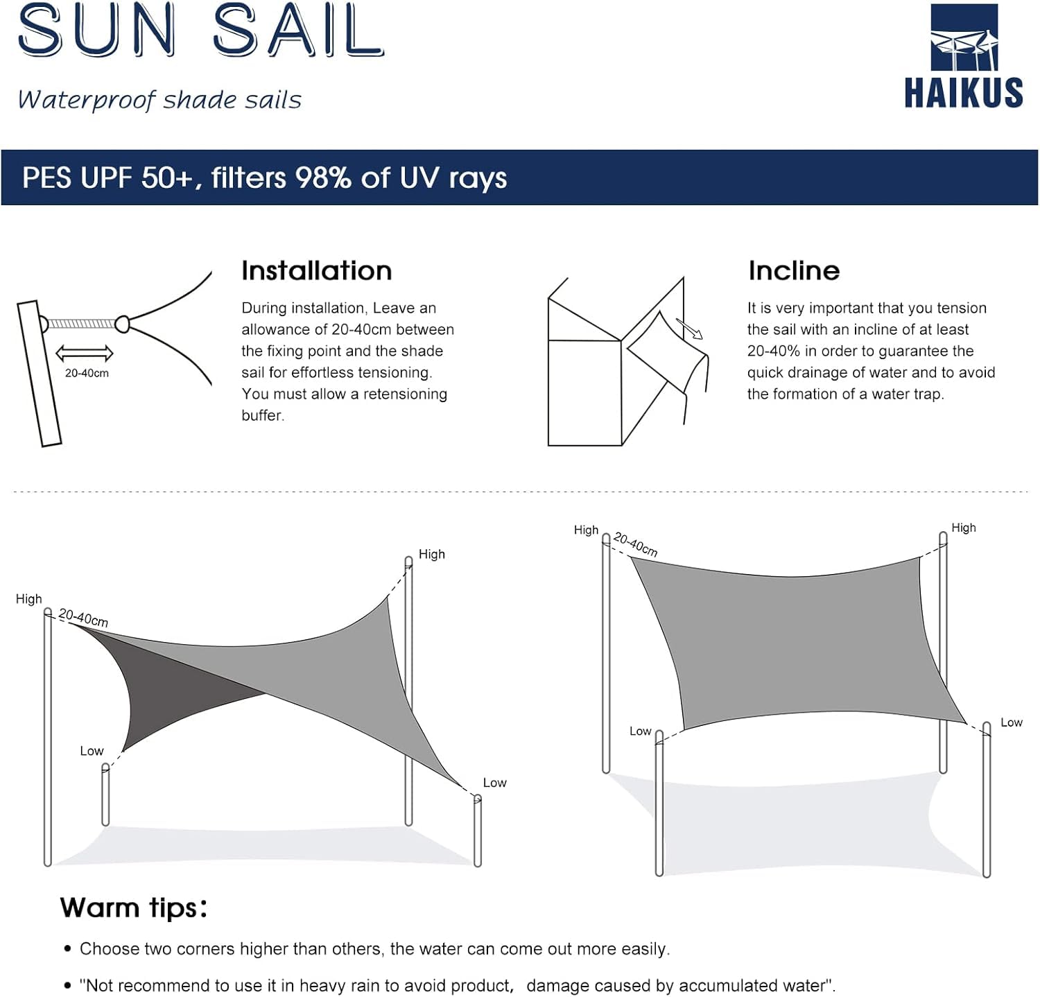 HAIKUS Sonnensegel Wasserdicht Rechteckig 3x4m Sonnenschutz Wasserabweisend Premium PES Polyester mit UV Schutz für Balkon Garten Terrasse Creme