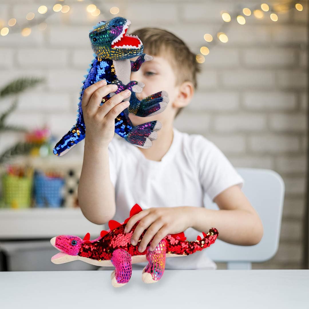 Plush Dinosaur Stuffed Animals 3 Reversible Sequin Soft Dinosaur Toys for Boys and Girls, Large 12". T-Rex, Brachiosaurus, and Stegosaurus Dinosaurs
