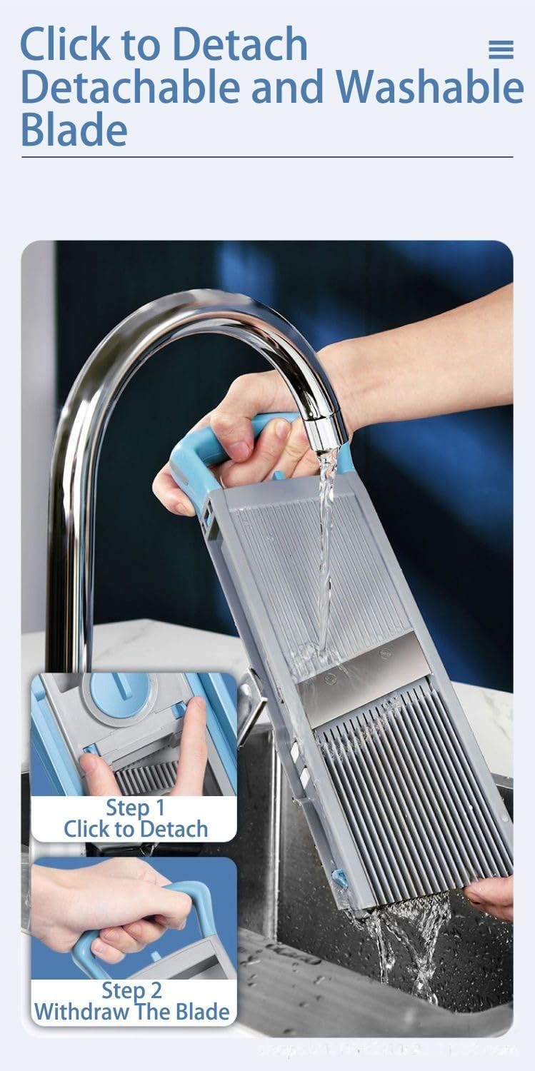 New Upgrade Safe Mandoline Slicer Plus, Biger Size, Adjustable Vegetable Food Chopper Potato Fries Cutter, Detachable Blade, Kitchen Chopping Artifact with Container. Blue