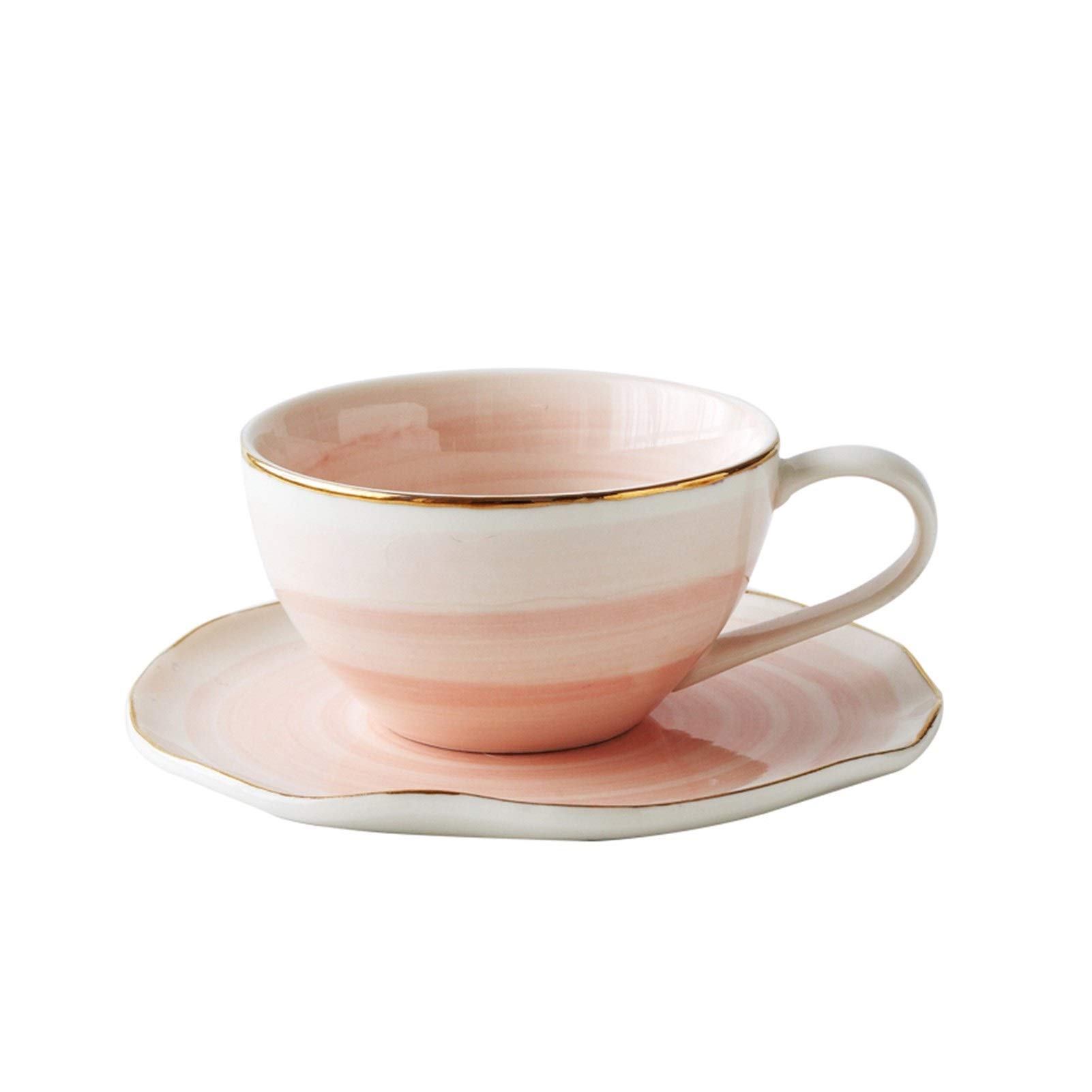 Tazas de café grandes de cerámica, Juego de taza y platillo té cerámica multicolor con cuchara bañada en oro, paquete 2(Roze)