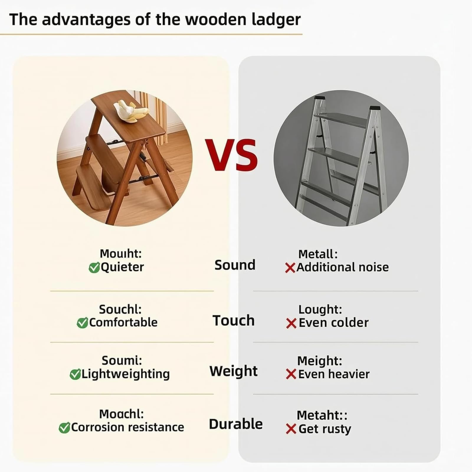 Escabeau pliant en bois à 3/4/5 marches, capacité de charge de 100 kg, Tabouret escabeau pliant multifonctionnel, large pédale antidérapante, pour la maison/cuisine/garage,échelle utilitaire(5 floors)