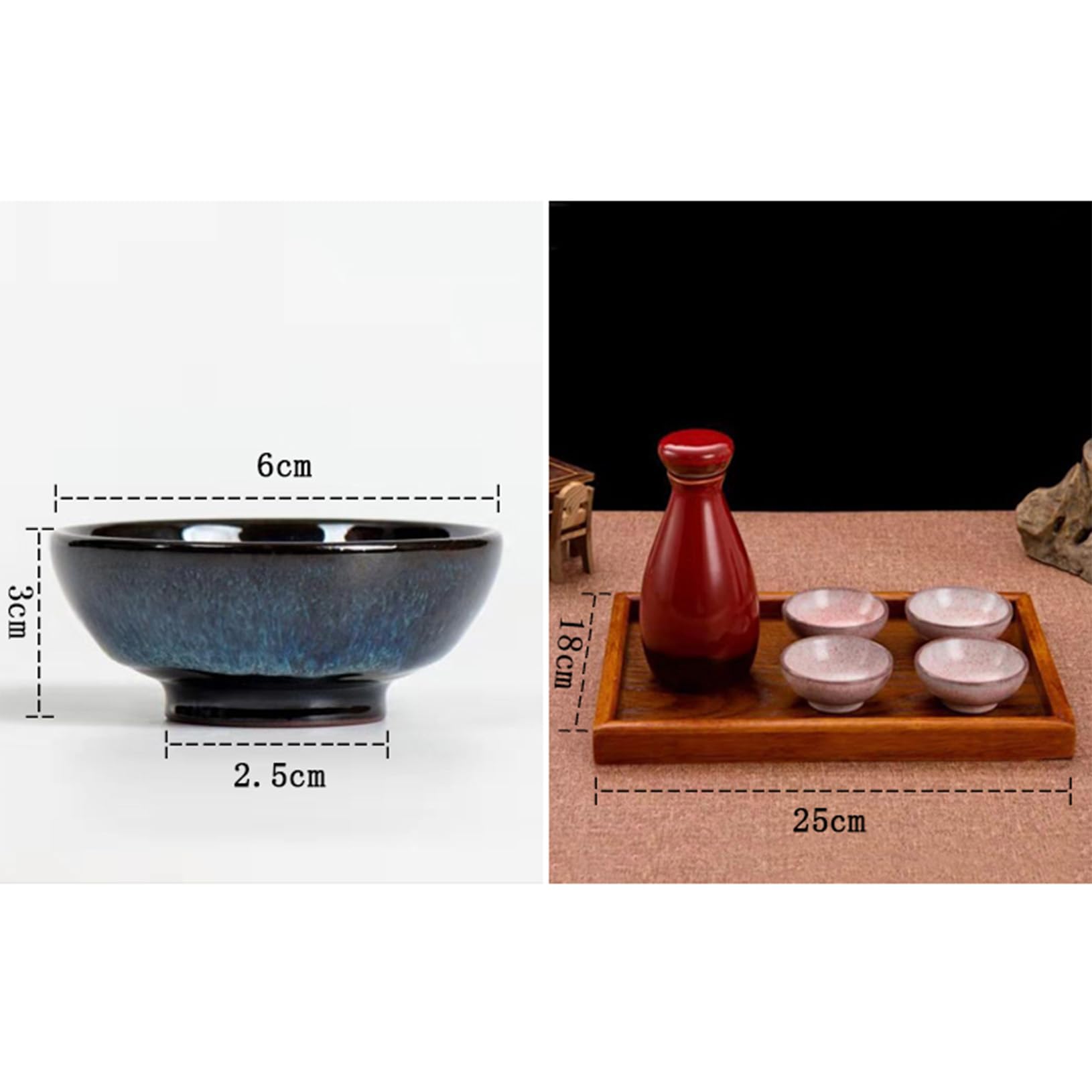 Ensemble de 6 Tasses à saké en céramique Japonaise, Style Traditionnel rétro, avec Plateau en Bois.