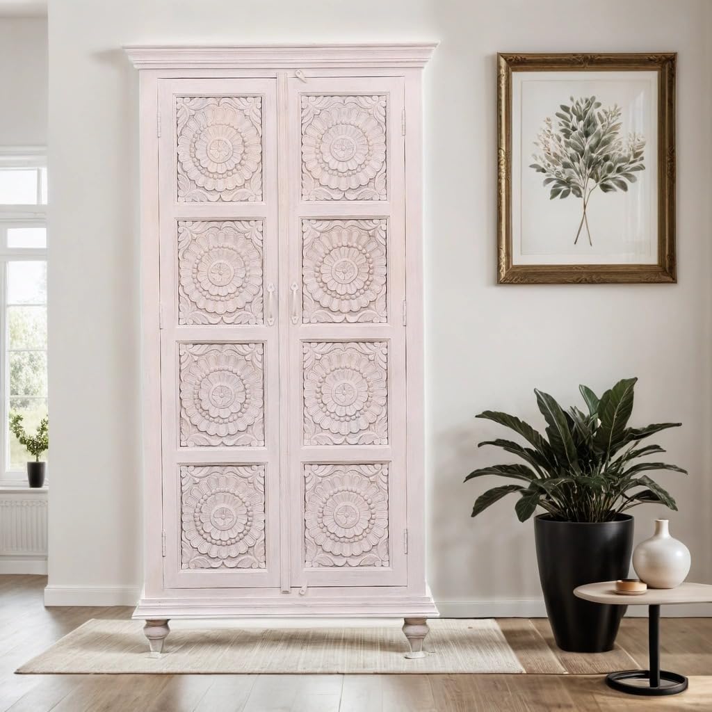 Marrakech Boho Armario en blanco de madera maciza, 185 cm, armario multiusos Haifir para salón, pasillo y dormitorio como muebles orientales, archivador para la oficina