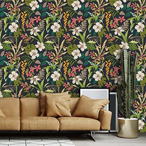 VEELIKE Black Floral Wallpaper Vintage White Flower Contact Paper Self-Adhesive Tropical Leaf Wall Mural Furniture Vinyl Wrap for Kitchen Cupboards Sticker Waterproof Bathroom Livingroom 44.5cm×300cm