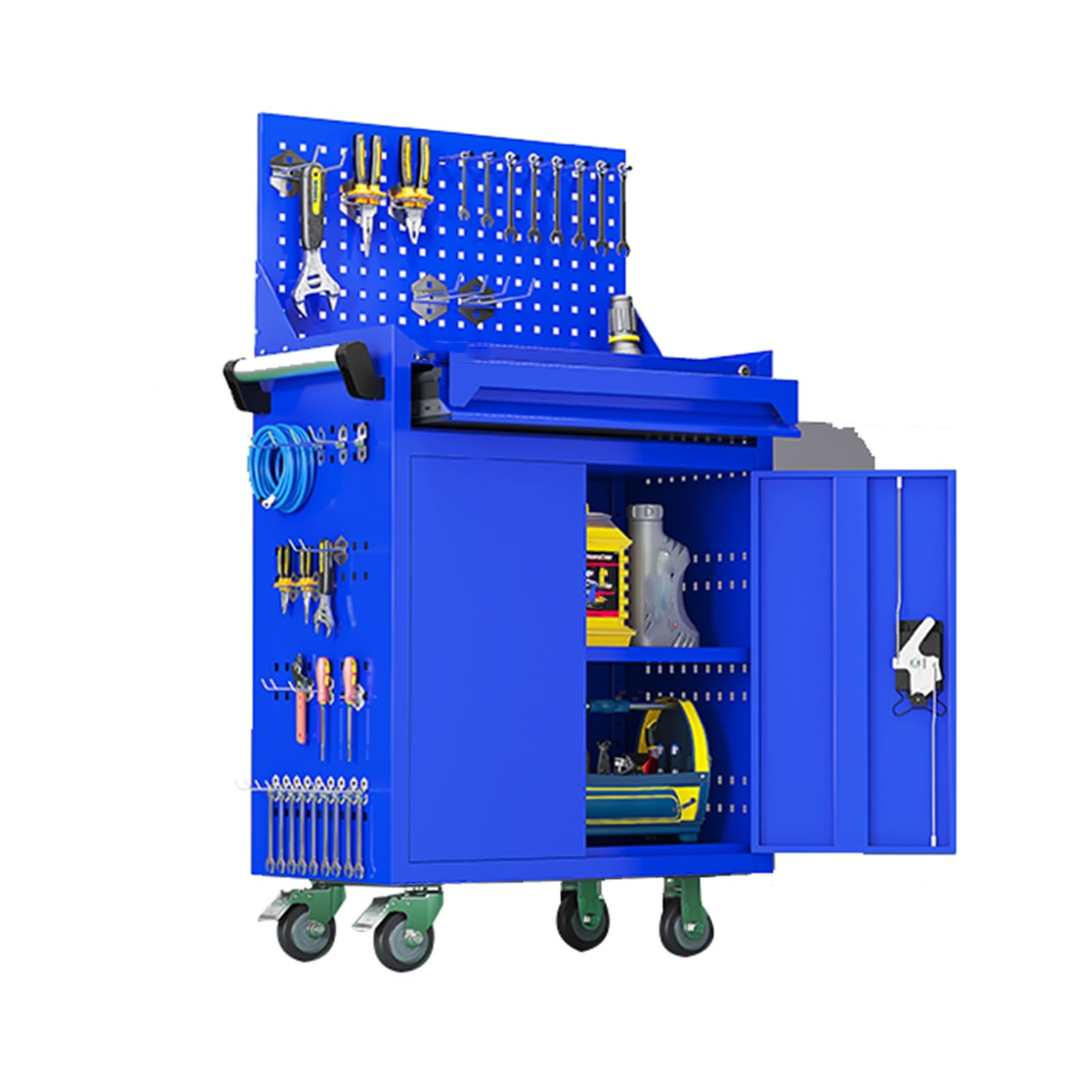 Mobiletto portautensili su Ruote con banco da Lavoro e cassettiera Forata - Carrello di Servizio Blu Resistente per Officina, Ideale per riparazioni e progetti Fai da Te.