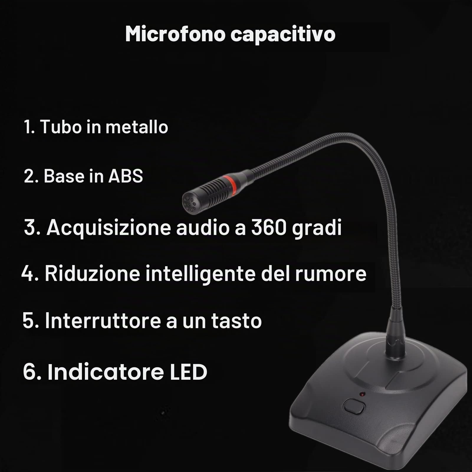 Microfono da Tavolo Cablato, Microfono a Condensatore Omnidirezionale, Collo D'oca Regolabile a 360 Gradi, con Cavo da XLR a 6,35 Mm, per Conferenze/discorso Web/registrazione di Trasmissioni, Ecc.