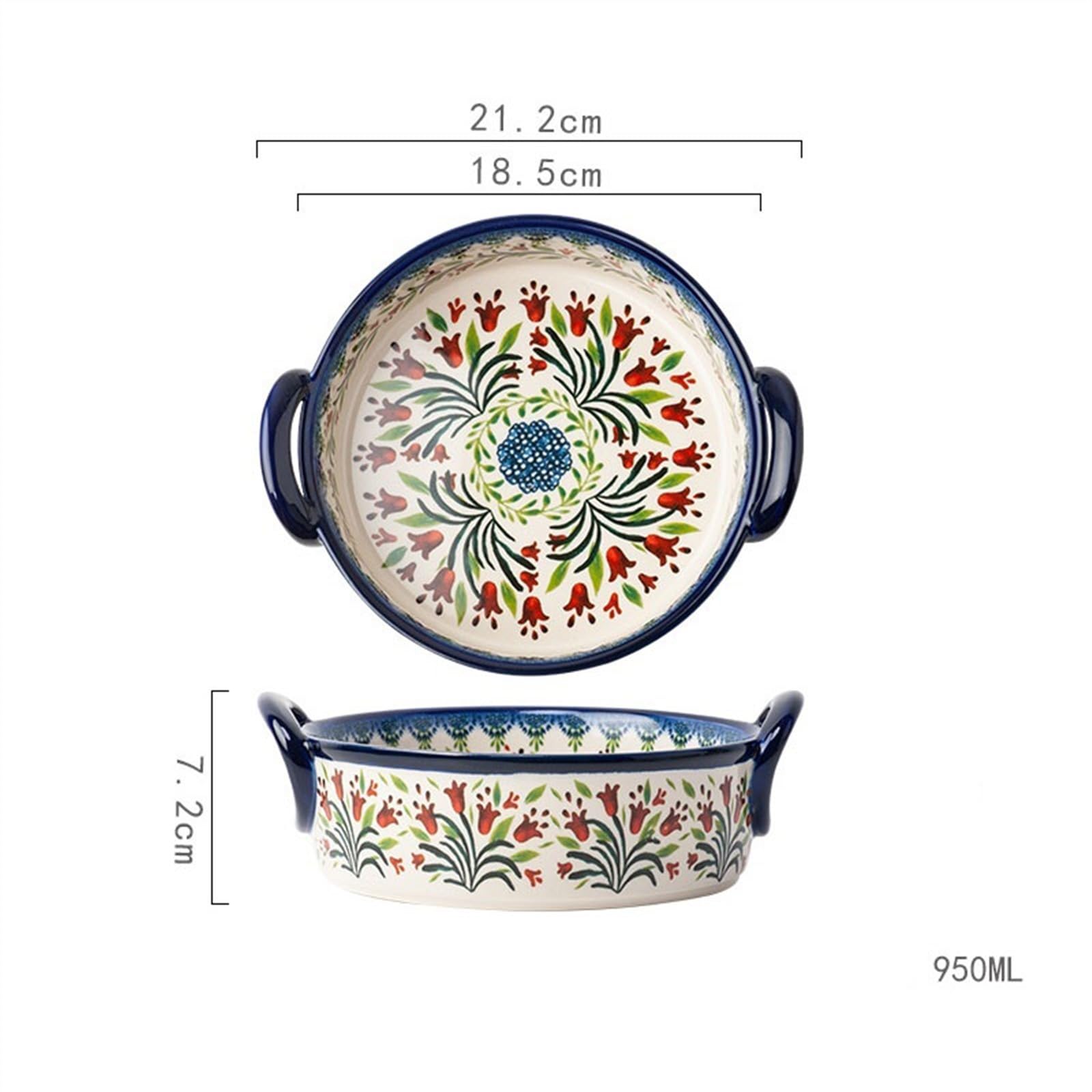Teglie per Forno Ciotola for Cottura a Doppio Orecchio Pirofila for Uso Domestico Stoviglie in Ceramica retrò Maniglia Ciotola Insalatiera Piatto Profondo Teglia da Forno(18.5cm)