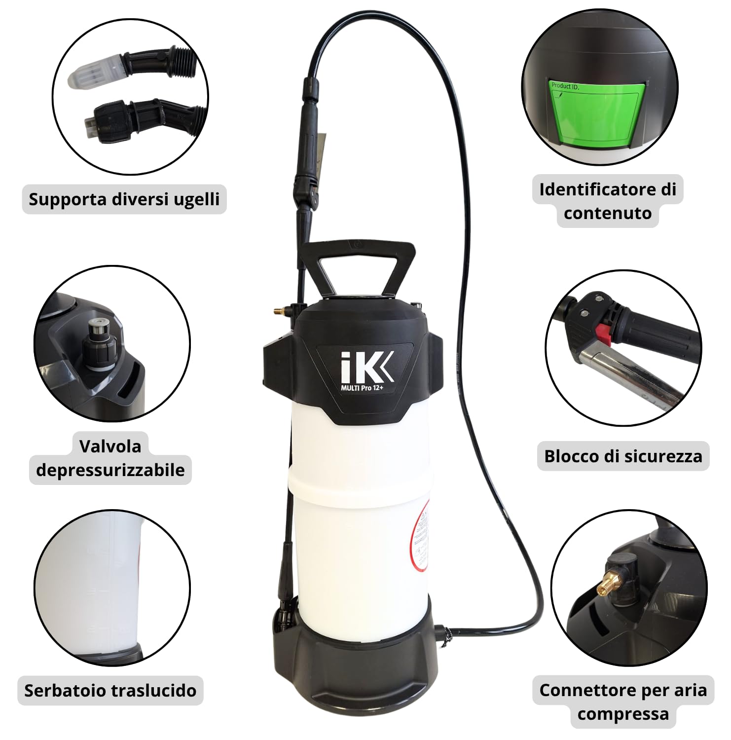 IK Multi Pro 12+ Spruzzatore per Acidi 10 L - Attacco Aria Compressa | Per chimici aggressivi - detailing, pulizia e igiene - maniglia inox - tubo 1,5 m - lancia in fibra di vetro 47 cm