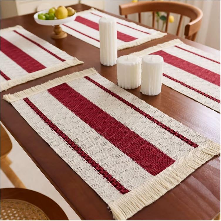 Image of HomeCloud Croshia Woven Table placemat - Heat Resistant, Washable Table Decoration for Dining, Office, Kitchen, Hotel, and Home (Rec White Maroon, Set of 2)
