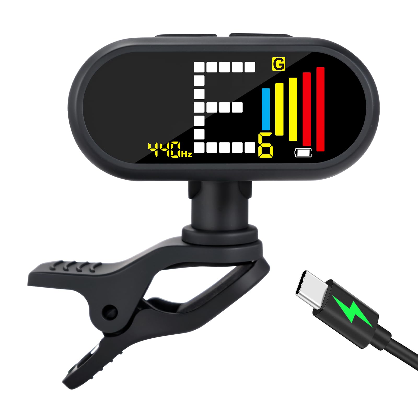 EX Professionelles, wiederaufladbares, chromatisches Stimmgerät für Gitarren, zum Anklippen, schnelles, ultra-präzises Clip-On-Stimmgerät mit Farb-LCD für Akustikgitarre, Bassgitarre, Ukulele und