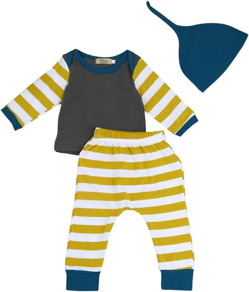 For 0-18M, Dorame Newborn Baby Boy Girl Striped long sleeveT shirt Tops+Pants+Hat Outfits Clothes Set (3-6m, Grey)