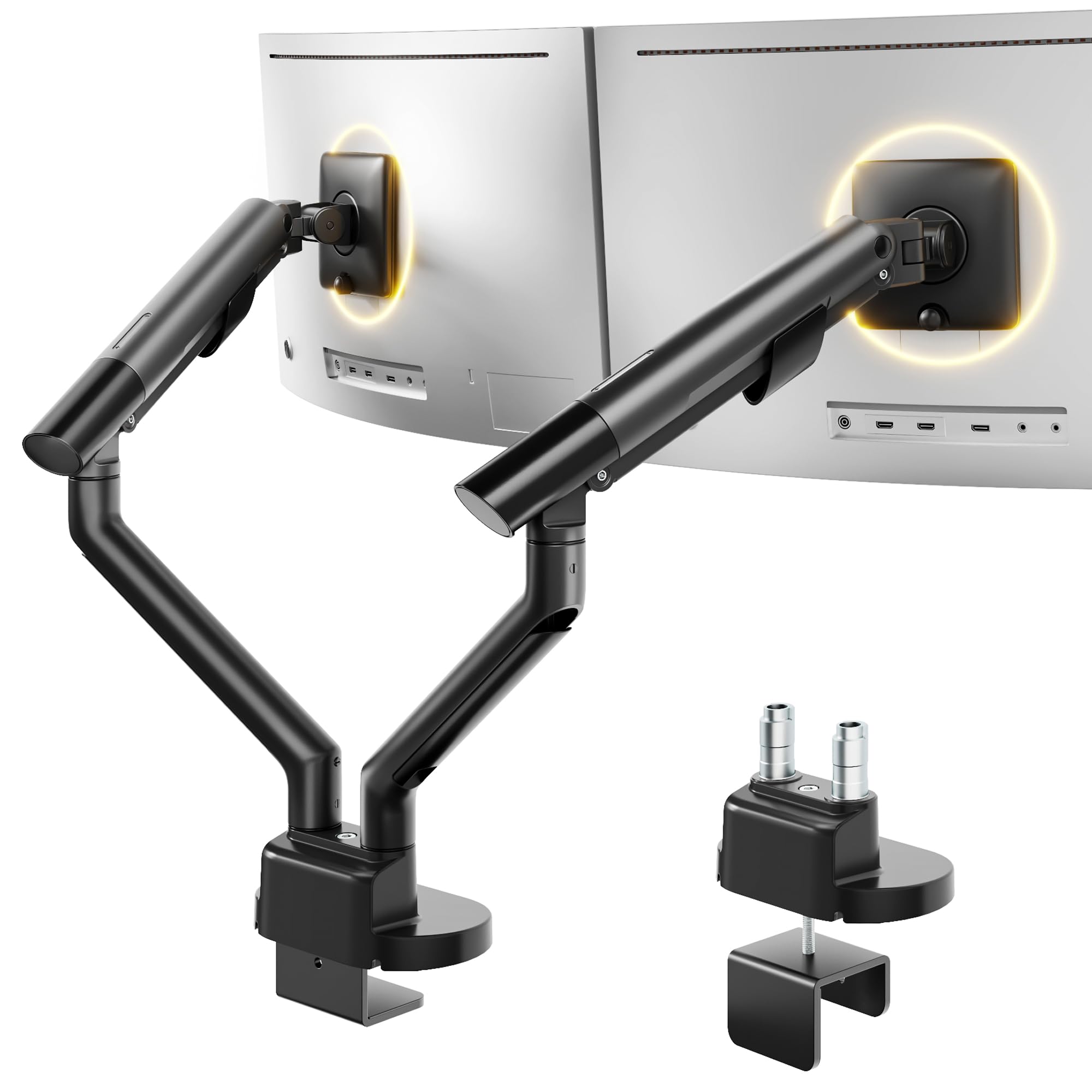 monTEK Brazo Monitor Doble para Escritorio de 17 a 35 Pulgadas | Soporte de Doble Pantalla Resistente, Ajustable con Muelle hasta 11kg, VESA 75/100mm, Instalación con Pinza y Ojal, Negro