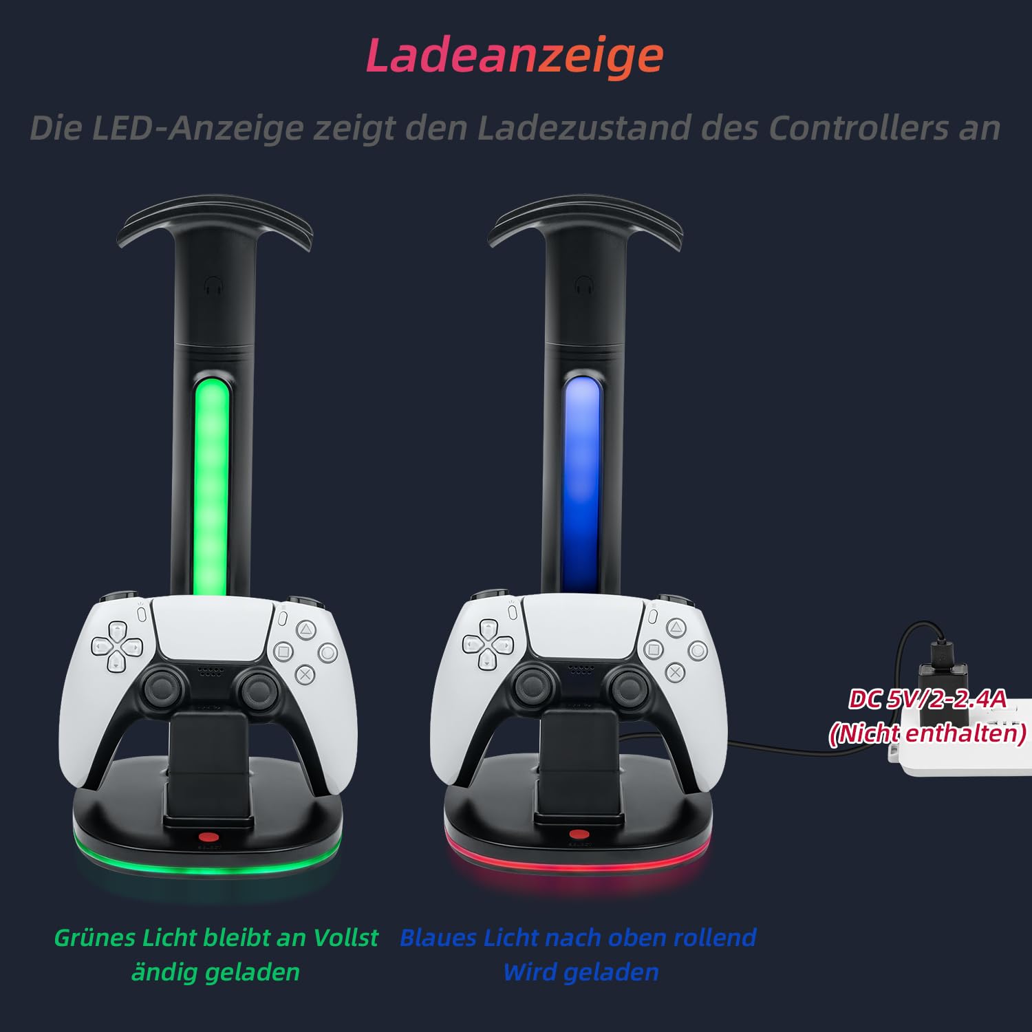Mcbazel Ladestation, Ladegerät für PS5 DualSense Controller mit Headset Halter, RGB-Licht