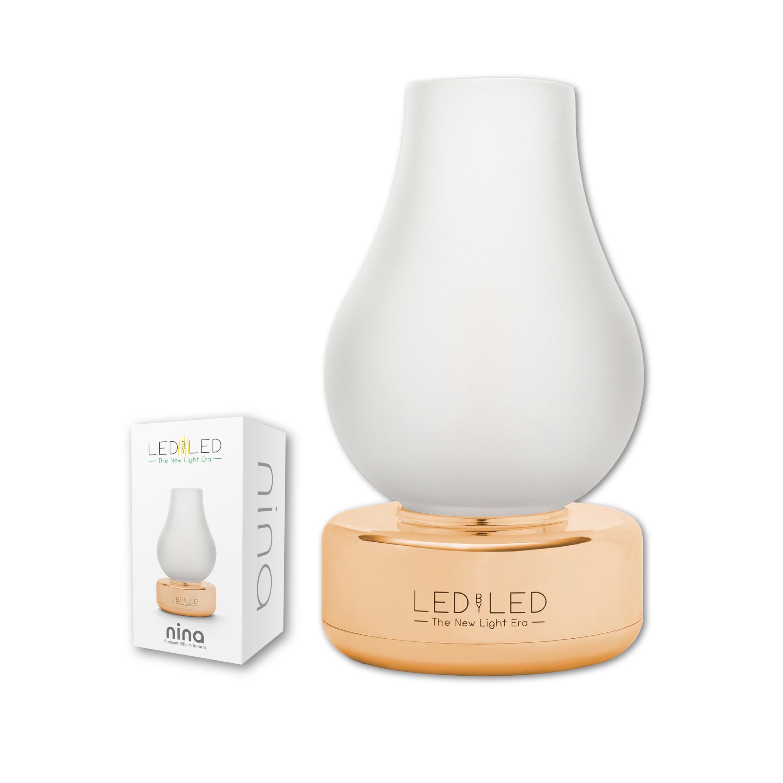 Lampada Da Tavolo Nina Ricaricabile, Dimmerabile Senza Fili, Base Ottone, Vetro Smerigliato, 3 Livelli Di Luce, Fino A 80 Ore Autonomia, IP54