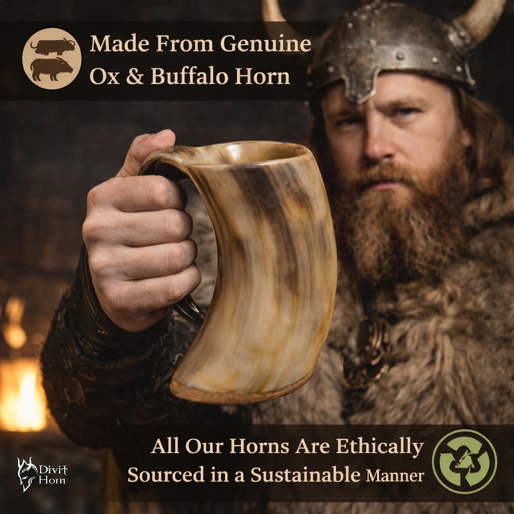 Chope à boire de style Viking Divit | Authentique chope en corne de bière médiévale | Capacité de 700 mL (24 oz) | Coupe en corne de la plus haute qualité (Originale, Polie)