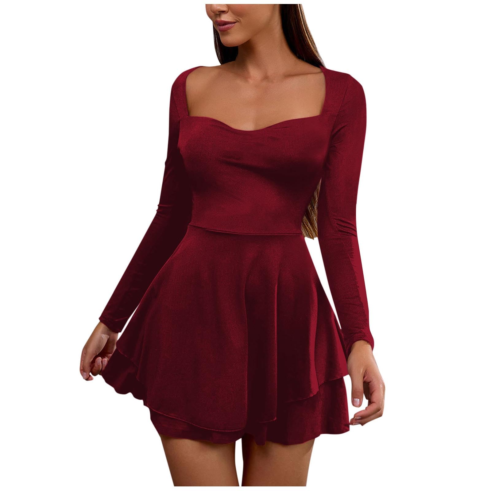 Womens Square Neck Ruffle Hem Mini Dress Ruched Waist Long Sleeve Corset Short Party Dresses Casual A Line