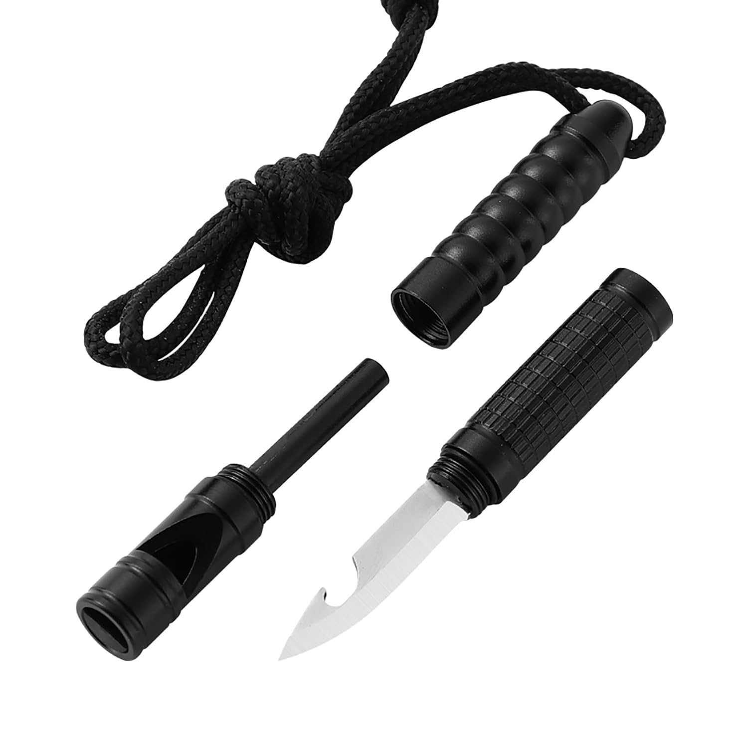 4 in 1 Fire Starter Survival Tool, Whistle for Emergency Survival Kits for Camping, Flint and Steel with Lanyard, Pocket Knife and Bottle Opener, Hiking, All-Weather Magnesium Ferro Rod Tool