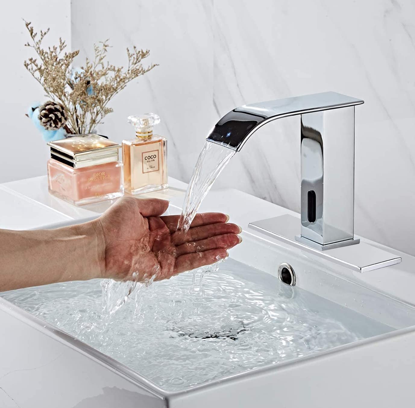 Grifo de baño automático sin contacto de doble alimentación con sensor de cascada cromado para lavabo de baño, sensor de movimiento electrónico, activado manos libres