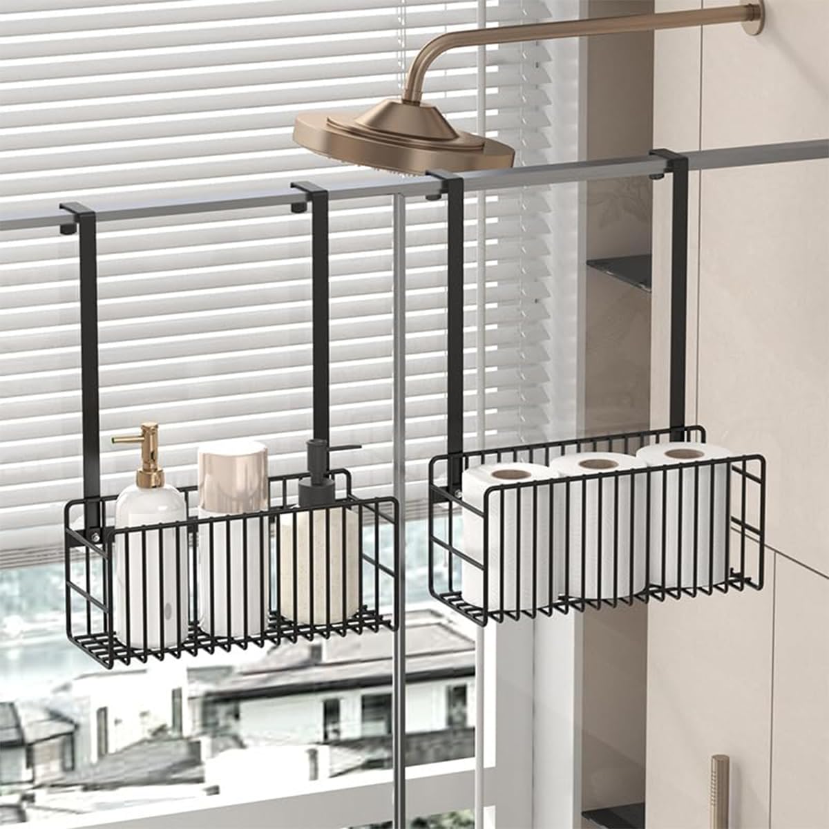 AmoiChic Over The Door Shower Caddy Black Metal Hanging Organizer Shelf 2 Pack Rustproof Storage Rack with Easy